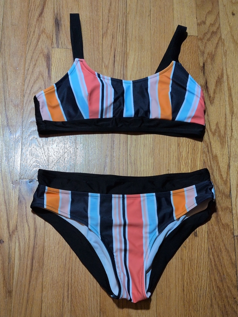 Women's Striped Two-Piece Swim Set in Black, Coral & Blue m